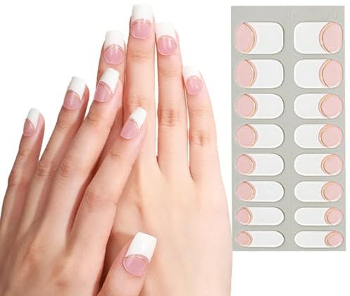 Semi Cured Gel Nails Strips 16 Stickers Nail Wraps Long Lasting Gel Nail Stickers with Soft Glossy Gel Finish Salon-Quality Gel Nail Strips for Nails French Tip Manicure UV/LED Lamp Required