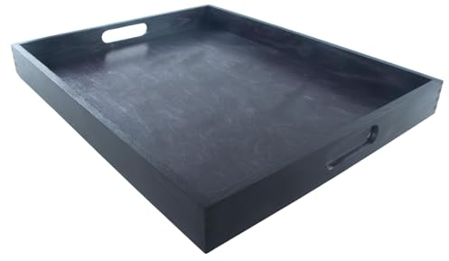 WooDeeDoo Large Pine Serving Tray | Hand-Stained | Anthracite | Satin | 50 x 40 x 5 cm | Ottoman Tea Coffee Breakfast Drinks Dining Table Dinner Wooden Platter With Cut-out Handles