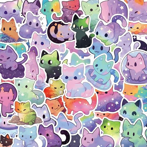 GEEHUA 50 calcomanías de gato de cielo estrellado arcoíris, calcomanías de gato de dibujos animados, calcomanías estéticas kawaii, calcomanías de vinilo impermeables para computadora, laptop, álbumes