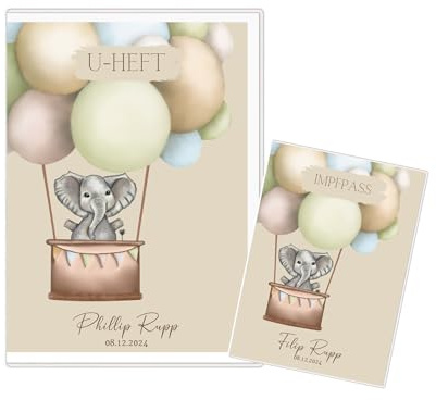 U-Heft- und Impfpass Hüllen Set personalisiert, Untersuchungsheft mit Name und Geburtsdatum, viele Tiermotive, Geschenk zur Geburt, Taufe, Schutz UHeft und Impfpass (Elefant)