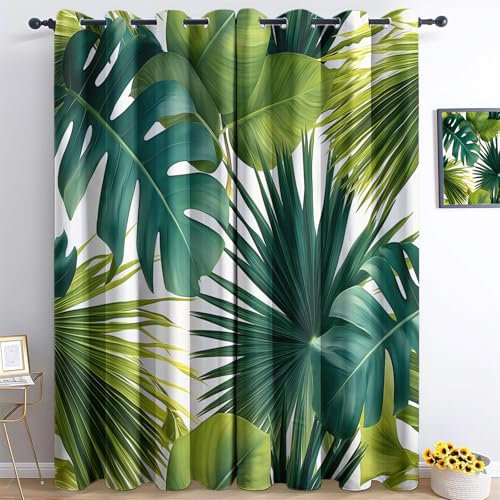 Blickdichte Verdunkelungsvorhänge Mit Ösen – Mit Hitzeschutz & Uv-Schutz, Bedruckte Gardinen Weiß Und Grün Mit Helles Blattmuster, Für Kinderzimmer, Wohnzimmer, H 215 X B 110 cm (2Er Pack)