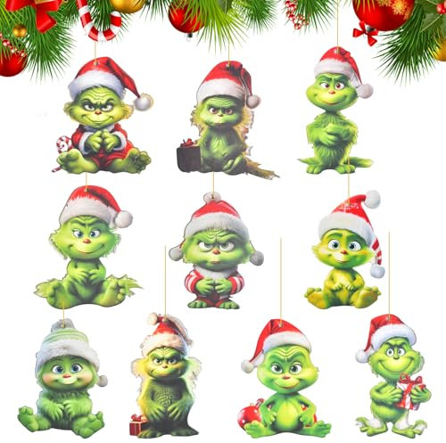 Grin-ch Weihnachtsdekorationen 10 Stück Grin-ch Weihnachtenanhänger deko, 2D acryl Christbaumschmuck anhänger, Weihnachtsbaumschmuck, hängende Ornament Dekorationen, Christbaumschmuck-Anhänger