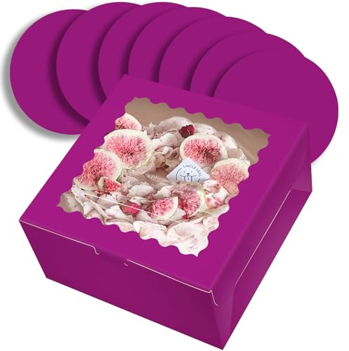 Gcardist 25.4x25.4x13cm Cake Box, 5 Sets Deep Purple Cake Box with Window & 5 Sets 10 Inch Deep Purple Cake Round Boards, Cake Containers(10x10x5 Inch)