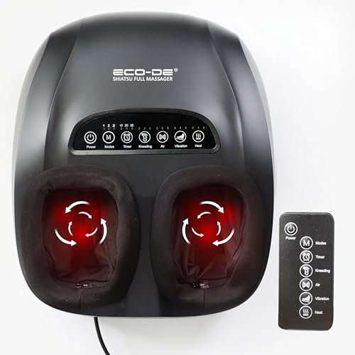 ECODE® Masseur De Pieds électrique Shiatsu, Télécommande, Chauffage Infrarouge, Compression d'Air, Synchronisation Intelligente, Soulage Fasciite Plantaire et la Douleur, Max Taille 46
