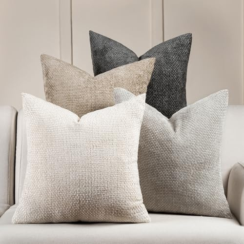 Volcanics Neutral Cushion Covers 45cm x 45cm Set of 4, Chenille Decorative Pillow Cases for Couch, Sofa, Bedroom, Living Room, Farmhouse & Mid-Century Modern Home Decor