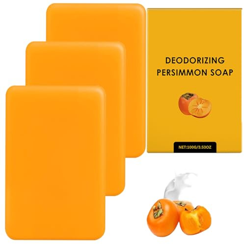 Persimmon Soap Bar for Body Odor Removing, Natural Soap Bar for Face and Body Wash, Fine foam deeply cleanses skin, nourishes dry skin, Soothing & refreshing, Gentle exfoliation, Smooth skin (3pcs)