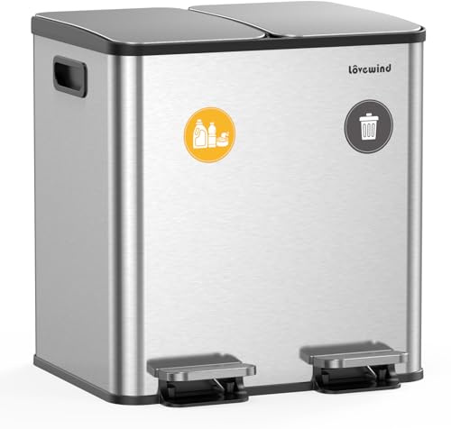 lovewind Mülleimer, 2 x 15L Mülleimer Küche, Doppeleimer für Recycling und Abfall, Silber, Mülleimer aus Edelstahl mit Deckel und Inneneimern, Großes Fassungsvermögen, Deckel mit Soft-Close-Funktion
