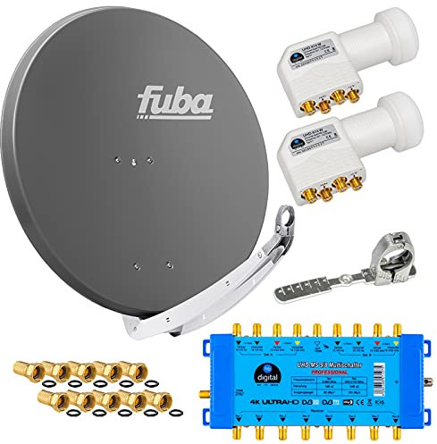 FUBA 8 TEILNEHMER DIGITAL SAT ANLAGE DAA850A + 0,1dB LNB Full HDTV 4K + PMSE Multischalter 9/8 + 35 Vergoldete F-Stecker Gratis dazu