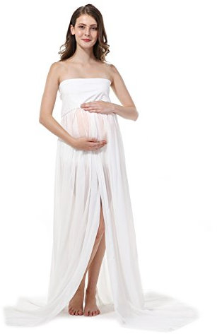Jupes sexy enceintes, manches longues en mousseline de soie Epaules maternite jupes photo plage grossesse robe, blanc, Taille Unique