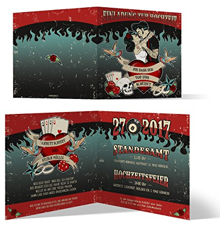 20 x Hochzeit Einladungskarten Rockabilly Hochzeitskarten Vintage Rock 1950er Klappkarte