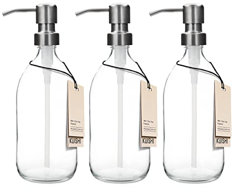 Kuishi Tres Bombas de Vidrio Transparente Botella de 500 ml con Bomba Plateada de Acero Inoxidable, dispensador de jabón Recargable ecológico, decoración de baño Elegante