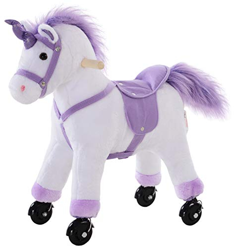HOMCOM Reitpferd auf Rollen 60 cm Stehpferd mit Sattel, Sound Spielpferd zum Reiten Draufsitzen Schaukeltier Plüsch Pferd für Kinder ab 3 Jahre, Schaukelpferd Indoor Outdoor Lila