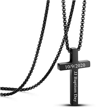 Zysta Personalized Gravur- Edelstahl Kreuz Anhänger Halskette Kreuzanhänger Kette mit Gravur für Herren Damen (Schwarz)