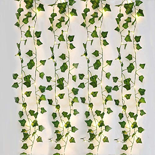 4 Piezas Hiedra Artificial, 2M Guirnalda Vines con 20 Luces LED, Planta Hojas de Vid Colgante, Enredadera Hojas Verdes para Jardín, Patio, Escalera, Interior y Exterior Decoración