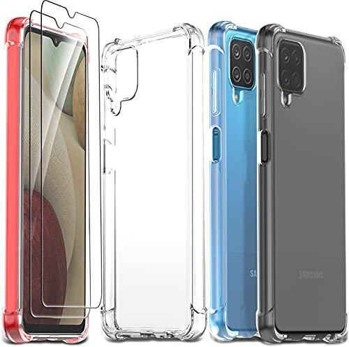 Ferilinso für Samsung Galaxy A12/A12 Nacho/M12 Hülle + 2 Stück Panzer Schutz Glas Schutzfolie [Transparent Silikon Handy Hüllen] [Stoßfest Kratzfest ] [Shock Absorption Schutzhülle]
