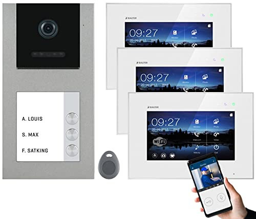 Nonic Balter EVO Grau WiFi Video Türklingel mit Kamera und RFID für 3 FAM, 2-Draht Doorbell Aufputz Türsprechanlage Klingel mit 3X 7 Zoll WLAN Touchscreen Monitor mit Türöffner und APP Funktion Set