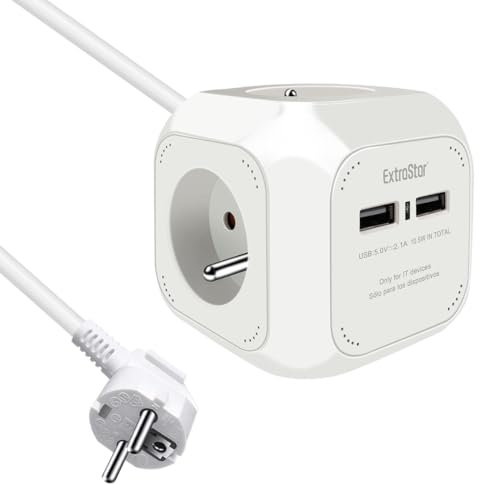 EXTRASTAR Multiprise USB Cube, Bloc Multiprises avec 4 Prises et 2 Ports USB, Chargeur USB Multiple, Multiprise Electrique pour Bureau, Maison, Peut être installé au Mur, sur la Table, 1,5 m, Blanc