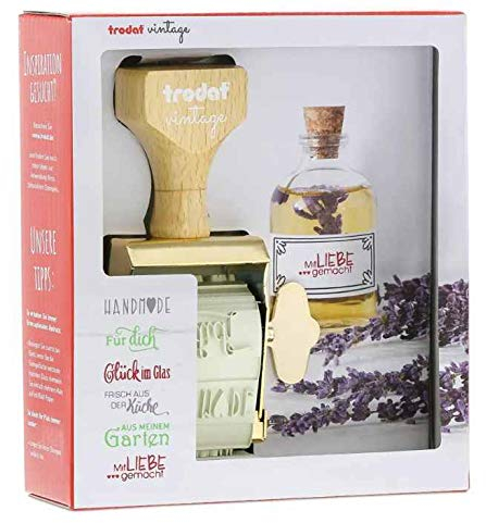 Trodat Vintage SELBSTGEMACHT Set für kreatives Design - 6 Druckmotive, Holländisch, Kreativstempel im Vintage Look inkl. Tintenkissen in Grau, Grün, Rot, 30x5 mm, 12 Labels in 3 Designs
