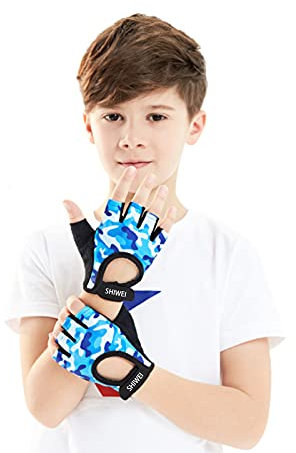 RUIXIA Gants de Vélo pour Enfant Mitaine de Sport pour Garçons Filles de 8-12 Ans Gants Demi Doigt Antidérapant en Couleur Camouflage pour Scooter Vélo Patinage à roulettes Montagne Escalade
