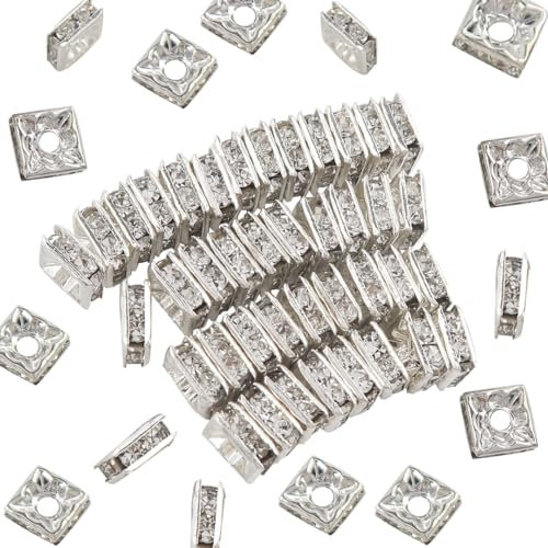TOAOB 100pcs 6mm Sparkling Crystal Spacer Beads Silver Rondelle Cube Rhinestone Loose Beads for Jewelry Bracelets Necklace Making Decorations
