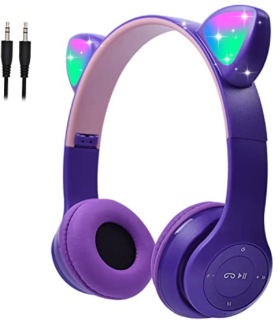 Megadream Kids Wireless Headphones, Bluetooth Over Ear Headphones with Microphone, Cat Ear LED Light Child Headset TF Card/Wired Foldable Earphones for Girls Boys Gift Age 7+(Purple)