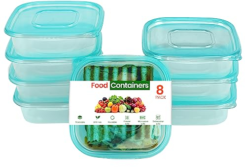 FRESHLY CONTAINED 8 Pack 710ml / 25oz Square Plastic Food Containers - BPA-Free Reusable Storage Boxes with Lids - Microwave, Freezer and Dishwasher Safe - Airtight Containers/Lunch Boxes
