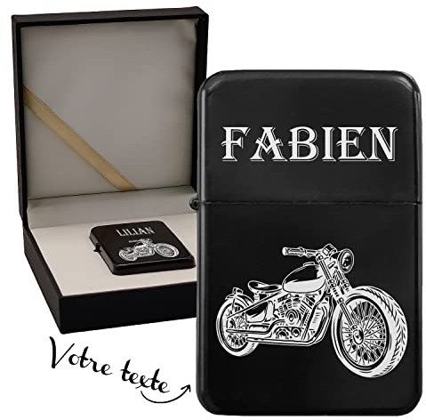 KDO MAGIC - Feuerzeug personalisiert - Eingravierter Vorname - Farbe Schwarz - Geschenkidee für Herren, Geburtstag, Vatertag (Motiv: Motorrad)