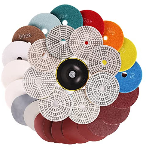 4 Inch Diamond Polishing Pads,22PCS Wet Polishing Kit with Backer Pad 50-6000 Grit Polishing Pad for Concrete Marble Stone Countertop Quartz Drill Grinder Polisher