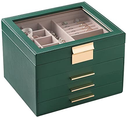 Frebeauty Schmuckkästchen mit transparentem Deckel, 4 Schichten, Schmuck-Organizer, groß, multifunktional, Halsketten, Armbänder für Frauen und Mädchen (grün)