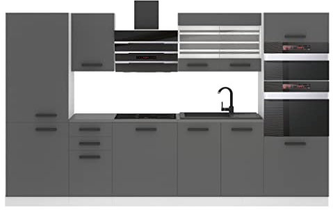 Belini Küchenzeile Küchenblock Mila - Küchenmöbel 300 cm Einbauküche Vollausstattung ohne Elektrogeräten mit Hängeschränke und Unterschränke, mit Arbeitsplatten, Silber matt