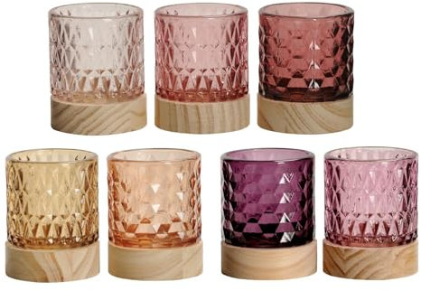 NETPROSHOP Windlicht Teelichthalter Glas mit Holzsockel Höhe ca. 8cm x DM ca. 7cm, Farbe:Dunkelrosa