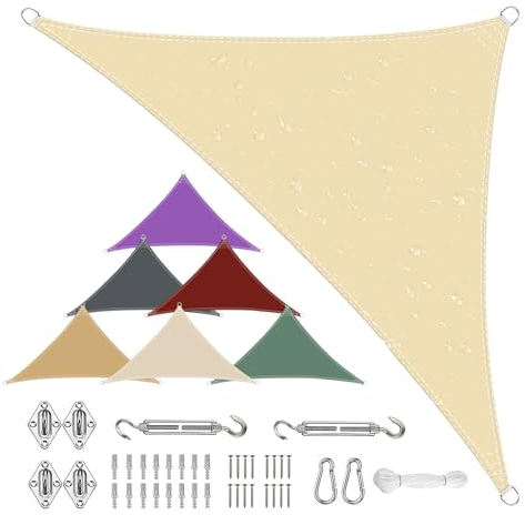 Sonnensegel Wasserdicht Dreieckig, Viele Größen und Farben aus PES-Polyester 95% UV-Schutz, Witterungsbeständig, Reißfest mit Befestigungsset für Terrasse und Garten-1.6x1.6x1.6m, Beige