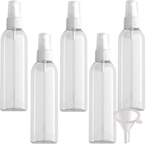 PQPAUTY 5 Piezas Pequeño 200ml Botella de Spray Plástico PET Vacías Transparentes con Bomba en Spray Transparentes de Niebla Atomizador para Perfume Viaje Artículos de Agua Cosmético, 1 Pieza Embudo