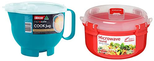 Decor Microwave Safe Plastic jug with lid | microwaveable Bowl with Handle | Large Gravy jug Teal 2000ml - Teal & Sistema Microwave Round Bowl - Microwave Food Container - Red/Clear