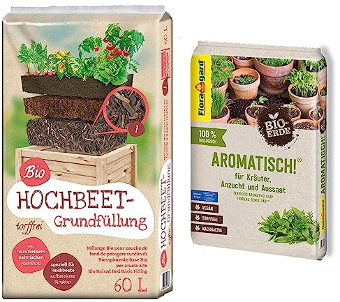 Universal Bio Hochbeet-Grundfüllung 60 Liter & Bio-Erde Aromatisch 1x10 Liter - für Anzucht und Aussaat sowie für Kräuter - torffrei und vegan