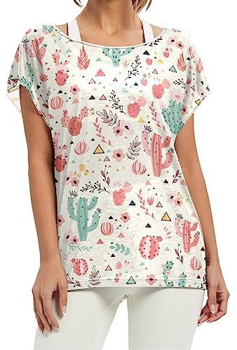 Kaktus Kaktus Rosa Grün Damen Shirt Rundhals Kurzarm T-Shirt Lose Bequeme Oberteile für Mädchen