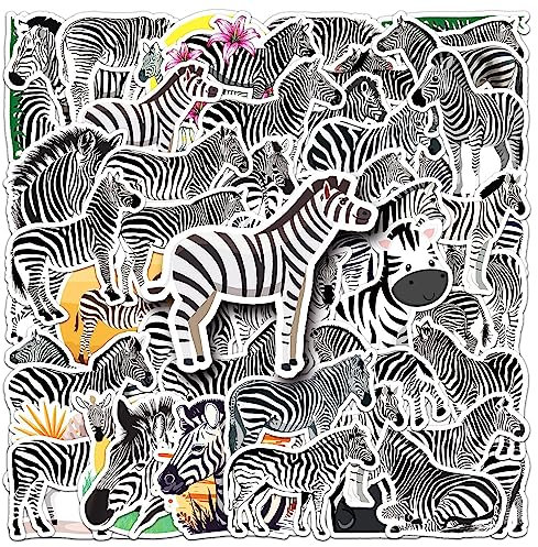 50Pcs Zebra Stickers Laptop Car Scrapbook Phone Skateboard Suitcase Luggage Bike Zebra Animal Stickers Vinyl Waterproof Aesthetic Personalised Stickers for Teens Boys Girls Adults Children