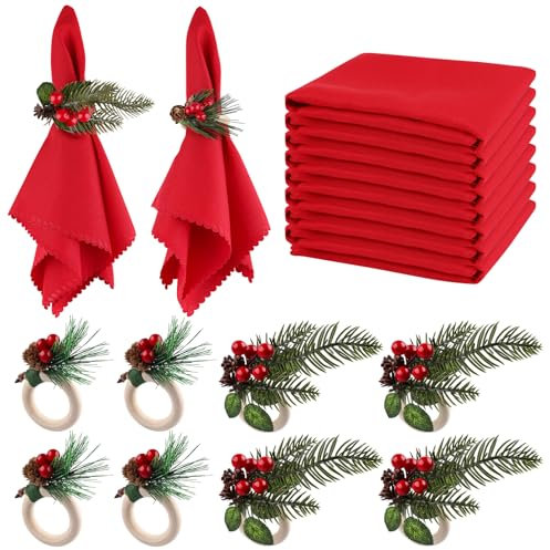 16 teiliges Weihnachtsservietten und Ringe Set, Kalolary 8 Stück Weihnachtsserviettenschnallen 8 Stück Rote Waschbare Weihnachtsservietten Stoff Rote Beeren Weihnachtsfeiertage Party Tischdekoration