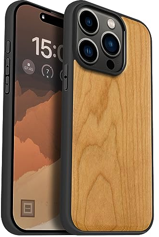 Carveit Holz Cover für iPhone 15 Pro hülle, Kompatibel mit Magsafe Silikon Stoßfeste Cover, Magnetisch Hull für Apple 15 Pro Case(Kirschholz-Schlichtem Holz)
