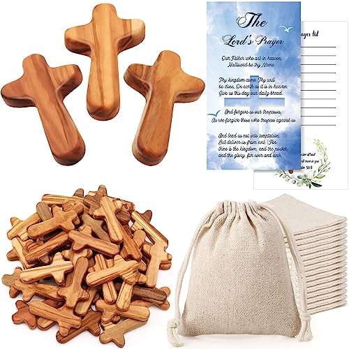 Wenqik 25 Sets Small Olive Wood Crosses Bulk Holding Hand Crosses Religious Christian Gift with Prayer Cards and Bags for Jesus Catholic