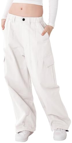 Rolanko Pantaloni Cargo da Ragazza, Pantaloni Larghi in Cotone con Vita Elasticizzata e Tasche Multiple per Bambini di 6-15 Anni, Bianco, Taglia: 150