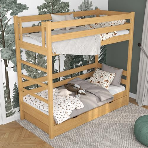 N-wood N03 Etagenbett mit Schublade 80x190 cm, Kinderbett für 2 Kinder, 2 Leitermontageseiten: Links oder rechts, abgerundete Kanten, Stabile Massivholzkonstruktion, inklusive Lattenrost, Naturkiefer