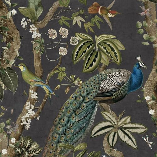 Peacock Woods Charcoal Wallpaper - Modern Naturistic Floral Flowers Birds - Stylish Trendy Feature Wall