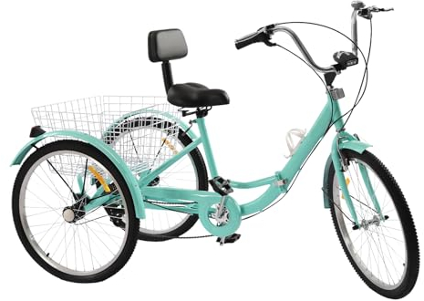 SICHENSH 24 Zoll Faltbares Dreirad Höhenverstellbares Klappbar Dreirad für Erwachsene mit Korb und LED Licht 7 Gang Dreirad Fahrrad für Erwachsene und Senioren | EU Stock (Türkis)