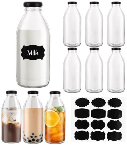 LDXDRU 10 Pack Glass Milk Bottles with Lids, 500ml / 17oz Empty Juice Bottles, Clear Drinking Bottles Water Bottles for Smoothie Dressings Sauces Jam Beverages
