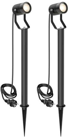 ledscom.de 2x Gartenstrahler SHINGA mit Erdspieß und 40 cm Sockel für außen, IP65, Stecker, schwarz, inkl. GU10 LED Lampe 1103lm, warmweiß