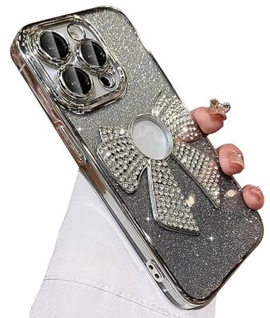 Reownest Compatible with iPhone 15 Pro Max Case,Cute Glitter Bowknot Design Bling Diamond Aesthetic Women Girls Protective Phone Case for iPhone 15 Pro Max -Gradient Silver