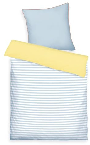 TOM TAILOR Perkal-Bettwäsche, 70x90 cm + 140x200 cm, 100% Baumwolle/Perkal, mit farbiger Paspel am Kissen, Wendemotiv, Markenreißverschluss, STRIPES WITH A KICK Gelb, Hellblau (Light Lemon, Sky Blue)