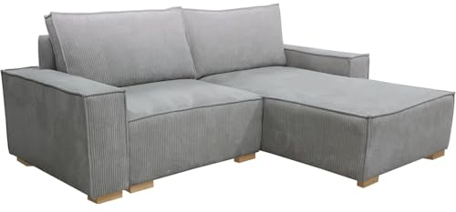 MEBLE-LUX - Ecksofa Cord Mit Schlaffunktion Und Bettkasten Sven I L-Form 235cm Breit I Eckcouch Mit Federkern I Rechte Ottomane Sofa Hellgrau
