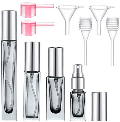 Yikimyfo 4 Pcs Mini Glass Perfume Atomizer Spray Bottles, 3ml/5ml/9ml/10ml Leakproof Small Travel Perfume Bottle Refillable Fine Mist Cologne Travel Bottle with Tool